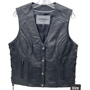UNIK Premium Black Leather Motorcycle‎ Vest Womens L Lace Sides Wing Back